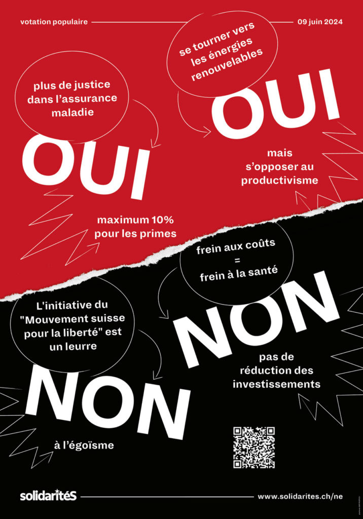 Une affiche pour l'initiative populaire "Plus de justice dans l'assurance maladie", qui sera soumise au vote le 9 juin 2024 en Suisse.