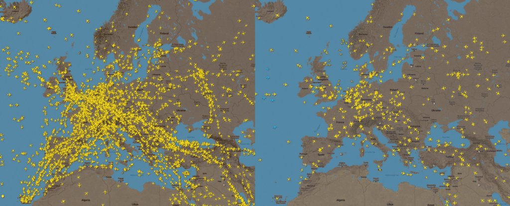 Traffic aérien en Europe, comparaison mars et avril 2020