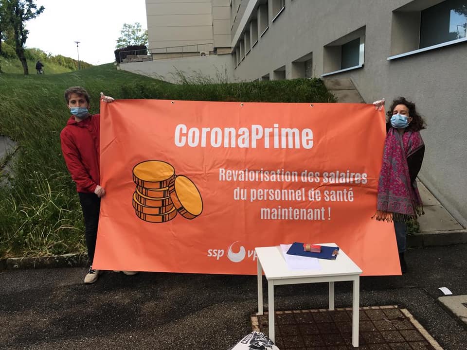 Action CoronaPrime devant l’hôpital fribourgeois, 1er mai 2020