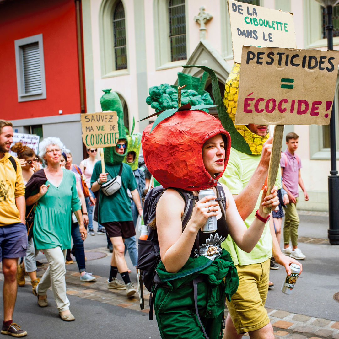 Femme avec un masque de tomate portant un panneau "pesticides = écocide"