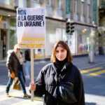 Portrait de Gabriella Lima avec une pancarte "non à la guerre en Ukraine"
