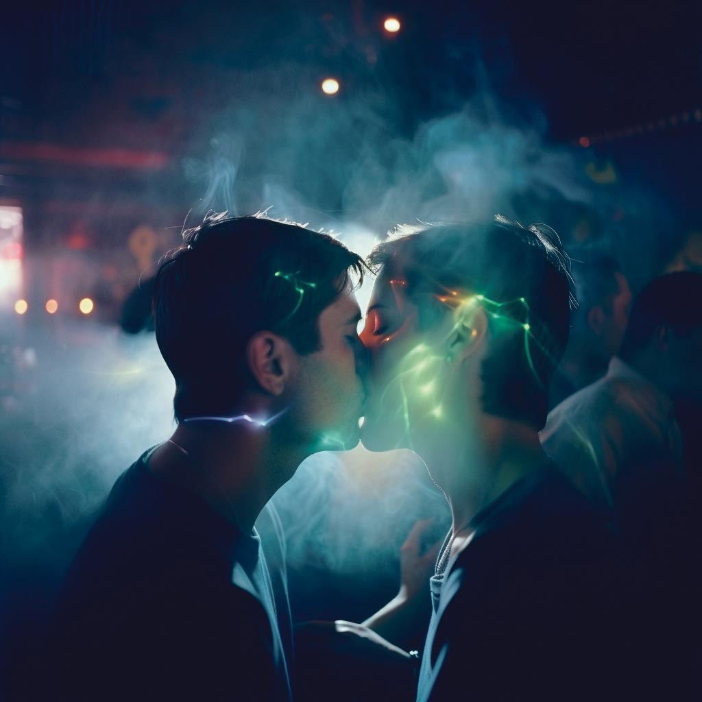 Deux jeunes hommes s’embrassent dans un club