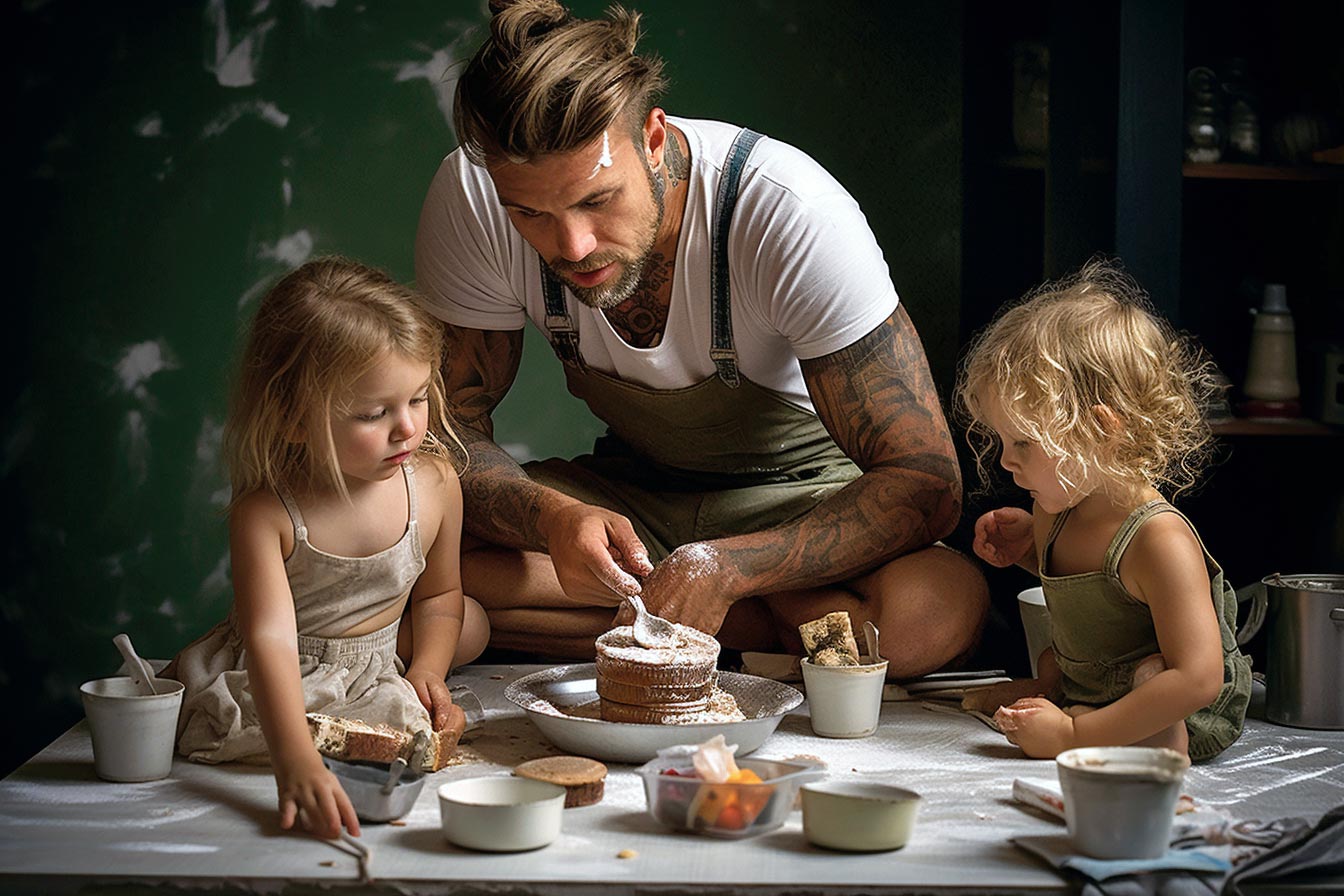 Un père avec des tatouages fait des crêpes avec ses filles