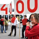 Action avec pancartes "4000" pour un salaire minimum national, gare de Neuchâtel, 2014