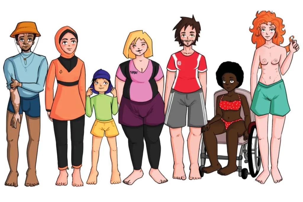 Une illustration montrant des personnes diverses avec diverses tenues de bain