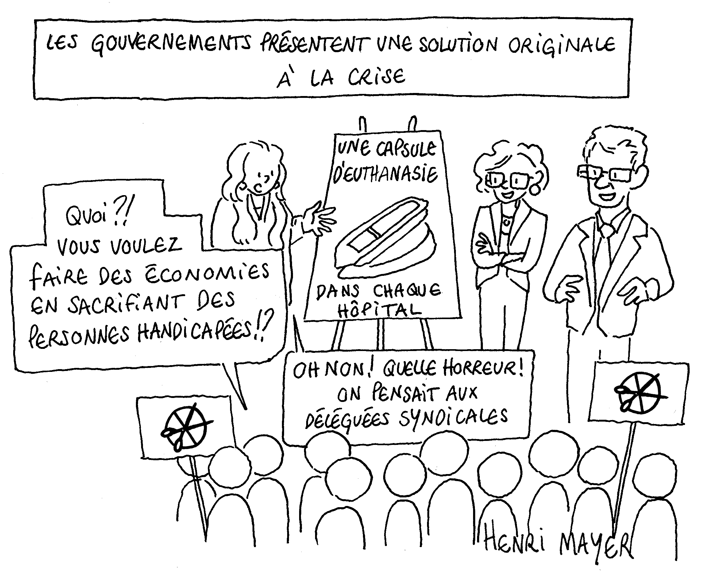 Un dessin d'humour noir sur les politiques d'austérité des cantons romands, avec Nathalie Fontanet, Christelle Luisier et Jean-Pierre Siggen