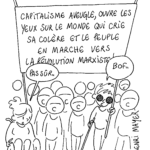 Un dessin humoristique montrant une banderole de manifestation