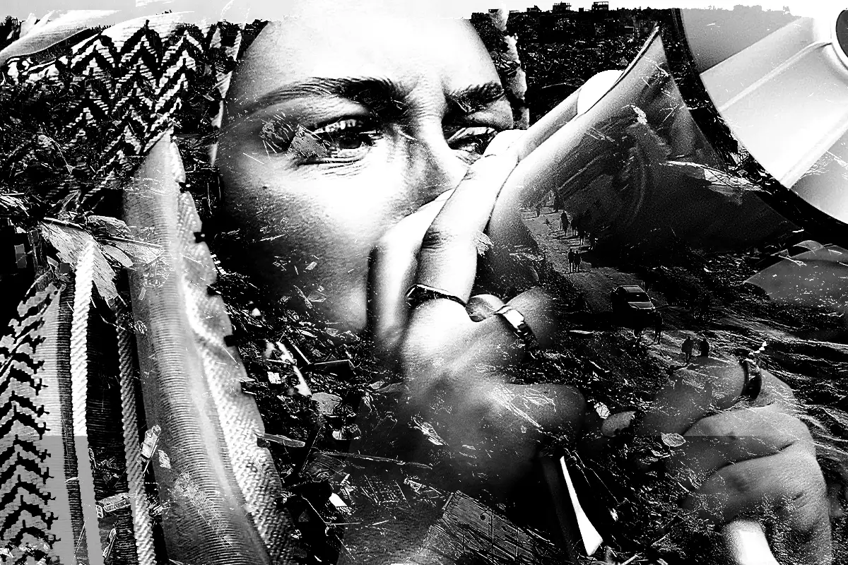 Le visage d'une manifestante est superposé à une photo de la destruction de Gaza