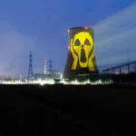 Un symbole nucléaire en forme de tête de mort est projeté sur la centrale nucléaire de Gösgen